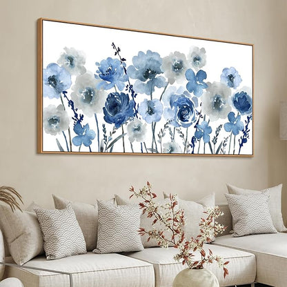 Framed Flowers Canvas Wall Art - Indigo Floral Canvas Pictures Living Room Wall Decor Botanical Canvas Prints Painting Abstract Artwork Bedroom Office Home Decor 29"x 58"