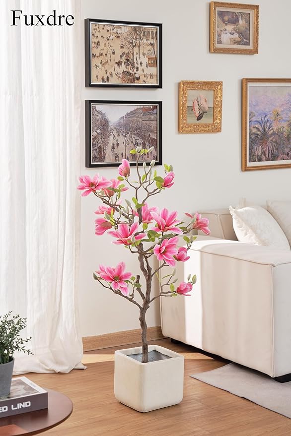 Artificial Magnolia Tree 40 inch, Artificial Flower Tree with Pot, Artificial Magnolia Flower is Realistic Real Touch, Flower Tree Home Decor for Living Room, Floor, Store and Hotel(Pink)
