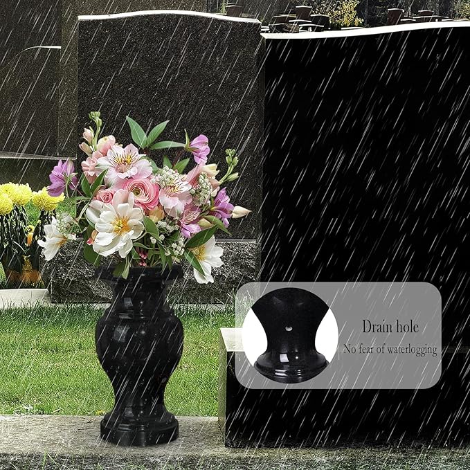 Cemetery Vase, Granite Grave Vase Polished, Black Memorial Stone Vases with Draining Hole for Home Tabletop, Cemetery Flowers, Grave Headstone Decorations (1pc, Polished Black)