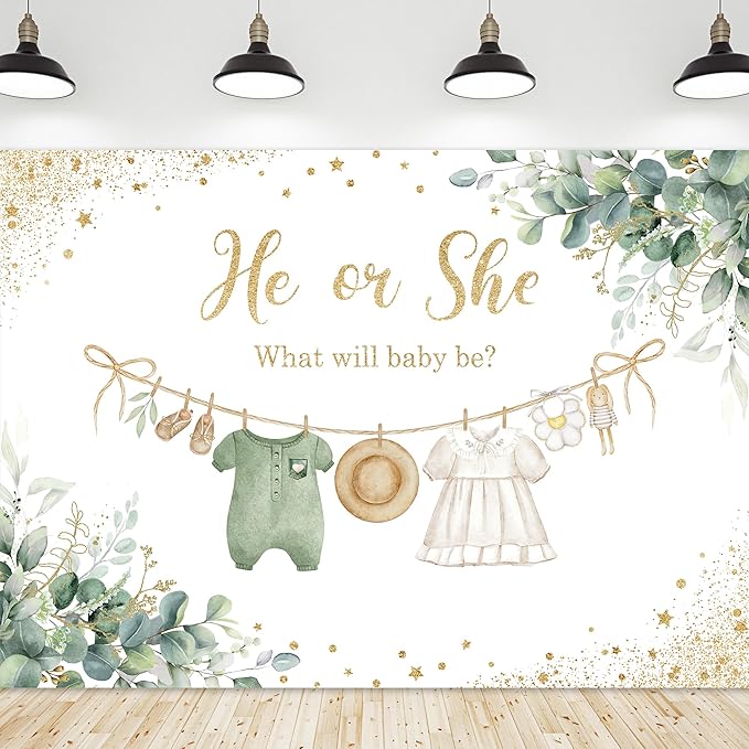 Riyidecor Green Gender Reveal Backdrop He or She What Will Baby Be 7Wx5H Feet Boho Sage Eucalyptus Watercolor Leaves Gold Dots Photography Background Baby Shower Photo Studio Shoot Polyester Fabric