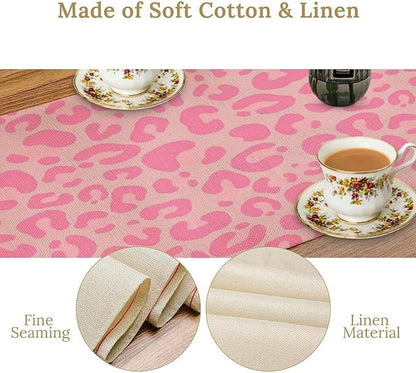 Pink Leopard Print Table Runner, Vintage Animal Skin Farmhouse Cottage Country Western Wildlife Safari Dinner Runner for Kitchen Dining Table Party Holiday Decor 13x108in