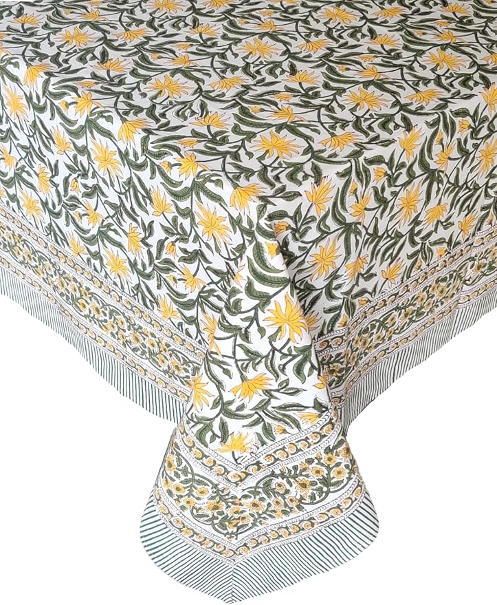 ATOSII Noor 100% Cotton Rectangle Spring Tablecloth, Handblock Floral Print Linen Table Cloth for Kitchen Dining I Parties, Outdoors, Weddings, Easter Holidays I 72 X 140 Inches I 12 Seater