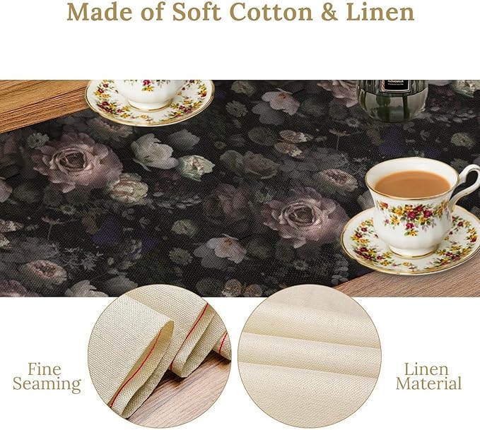 Gothic Floral Table Runner, Vintage Garden Flower Black Witchy Farmhouse Coffee Table Center Decor for Home Kitchen Dining Patio Holiday Party Table Decorations 13x108 inches