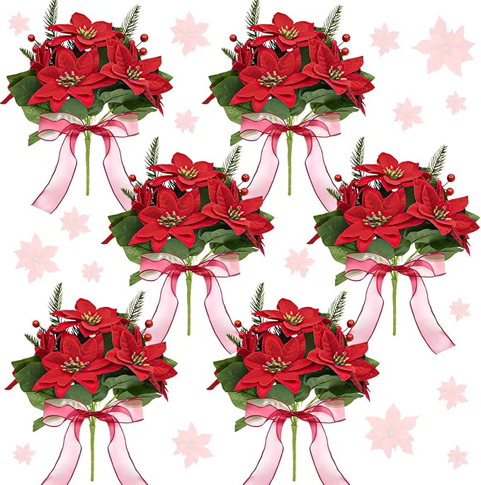 Poinsettia Christmas Decorations 6 Pack 7 Heads Artificial Poinsettia Flowers Bouquet 14 Inch Velvet Poinsettia Picks With Red Berry Stems Holly Leaves for Christmas Tree Vase Porch Home Garden Decor