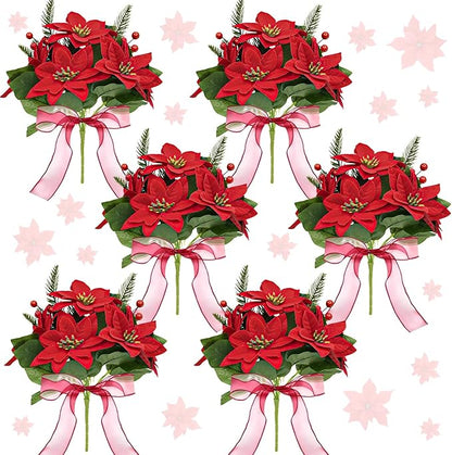 Poinsettia Christmas Decorations 6 Pack 7 Heads Artificial Poinsettia Flowers Bouquet 14 Inch Velvet Poinsettia Picks With Red Berry Stems Holly Leaves for Christmas Tree Vase Porch Home Garden Decor