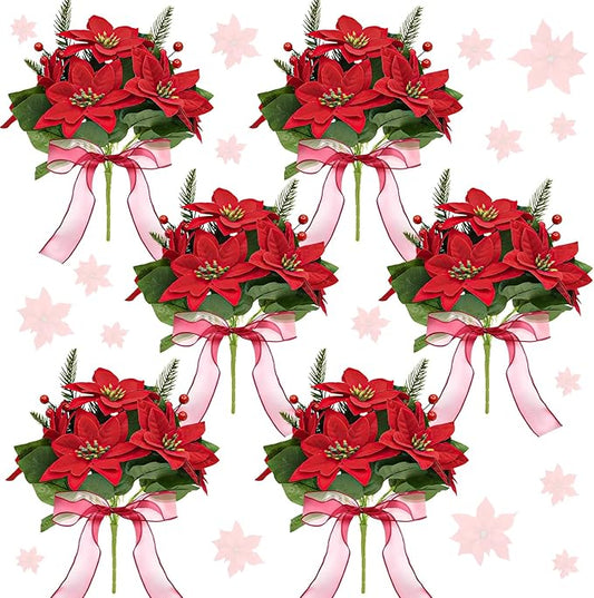 Poinsettia Christmas Decorations 6 Pack 7 Heads Artificial Poinsettia Flowers Bouquet 14 Inch Velvet Poinsettia Picks With Red Berry Stems Holly Leaves for Christmas Tree Vase Porch Home Garden Decor