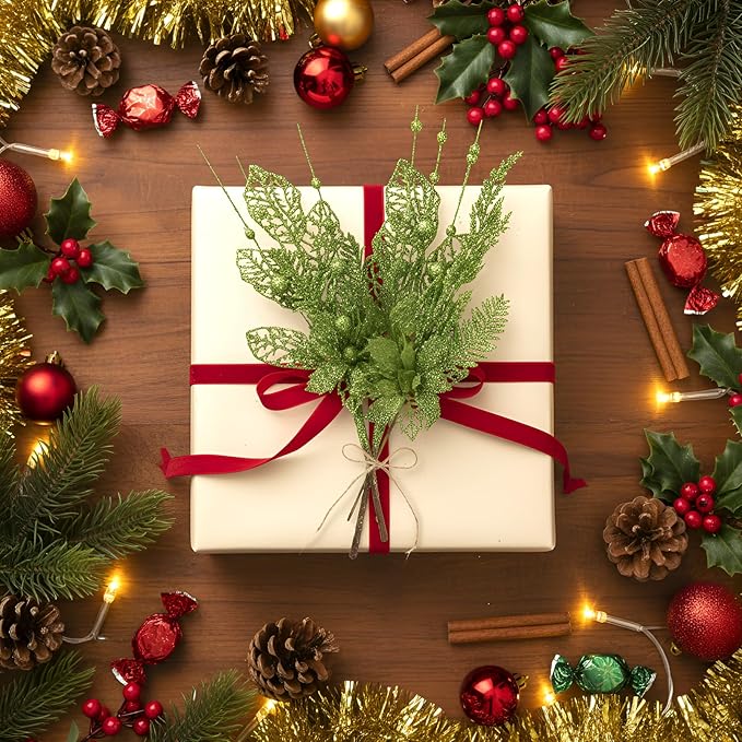 30 Pcs Artificial Christmas Tree Picks and Sprays Glitter Berry Stem Branches Holly Floral Picks Twigs Christmas Tree Ornaments for DIY Xmas Wreath Vase Filler Decorations (Green)