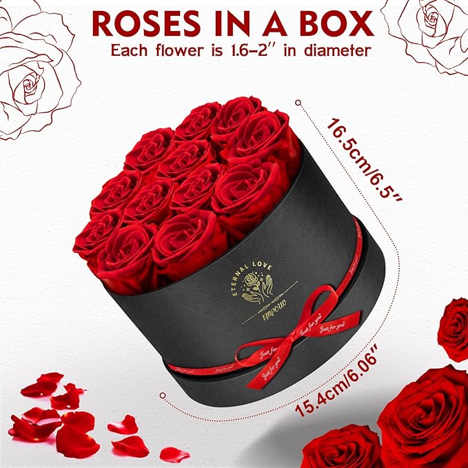 Forever Flowers,12 Red Roses in A Box, Real Preserved Roses, Birthday Gift for Women, Mother's Day, Anniversary Day- Red Roses