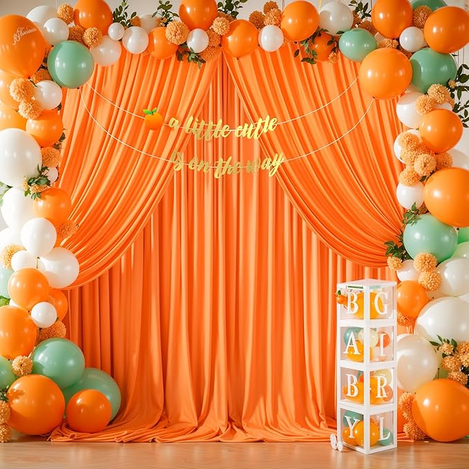 Orange Backdrop Curtains - 8 Panel Wrinkle-Free Polyester Photography Drapes for Baby Shower & Birthday Party - 32 x 10FT