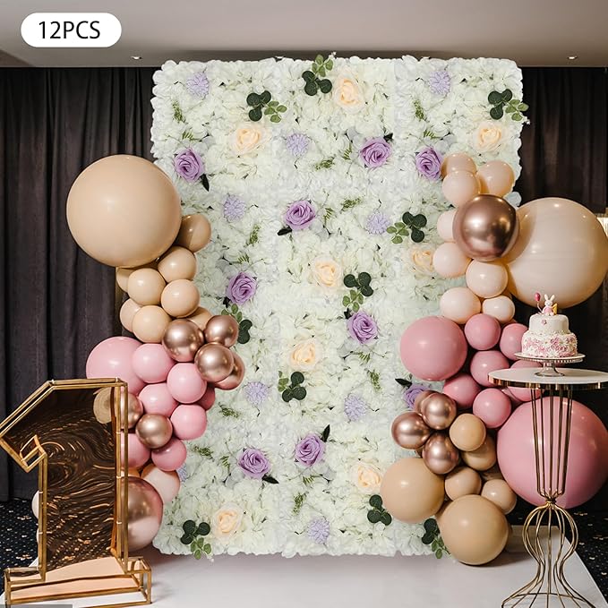 Flower Wall Panel Set,Artificial Wall Flower Backdrop,12 Pcs 15" X 15" 3D Silk Hydrangea Rose Floral Panel,Faux Roses Artificial Flower Backdrop for Wall Decor (12 PCS White&Purple)