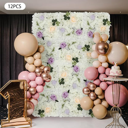 3D Flower Wall Panel Floral Backdrop,12PCS Artificial Flower Wall Background Silk Rose Mat, Artificial Flower Backdrop Faux Flower Panel for Wedding