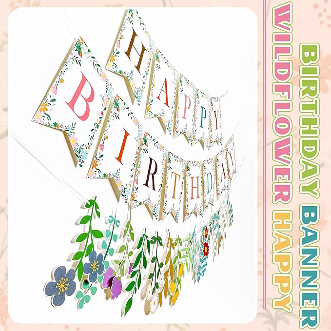 XunYee 3 Pcs Wildflower Birthday Decoration Flower Happy Birthday Banner Boho Wildflower Happy Birthday Banner Garland Flower Hanging Decorations Birthday Party Decorations for Girls Women