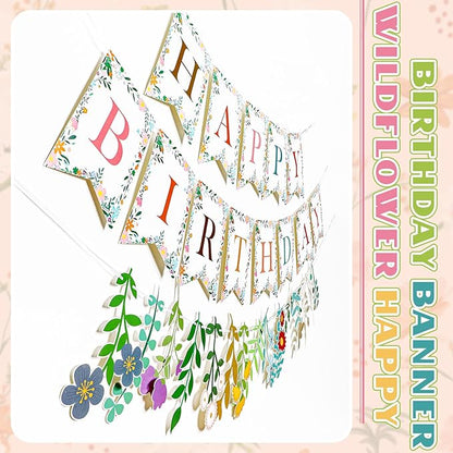 XunYee 3 Pcs Wildflower Birthday Decoration Flower Happy Birthday Banner Boho Wildflower Happy Birthday Banner Garland Flower Hanging Decorations Birthday Party Decorations for Girls Women