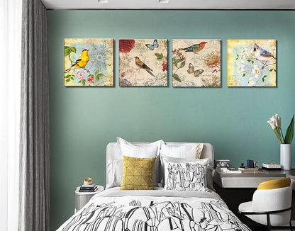 Flowers Birds Canvas Wall Art for Bedroom Floral Wall Decor Butterfly Picture Framed Artwork Vintage Prints Paintings for Bathroom Kitchen Decorations