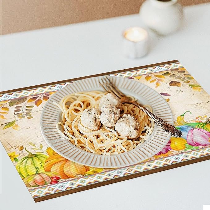 Fall Pumpkin Kitchen Placemats Vintage Rustic Farmhouse Aztec Pumpkins Maple Leaves Sunflowers Harvest Thanksgiving Placemats Table Kitchen Dining Party 12x18 Inch Set of 6