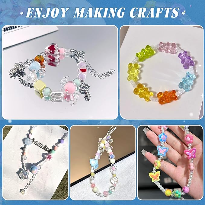 Assorted Acrylic Beads, 200-260PCS Mixed Colors Cute Beads for Bracelet Making, GummyBear Bow Flower Kawaii Charms for Jewelry Making DIY Necklace Keychain Phone Charm Christmas Gift