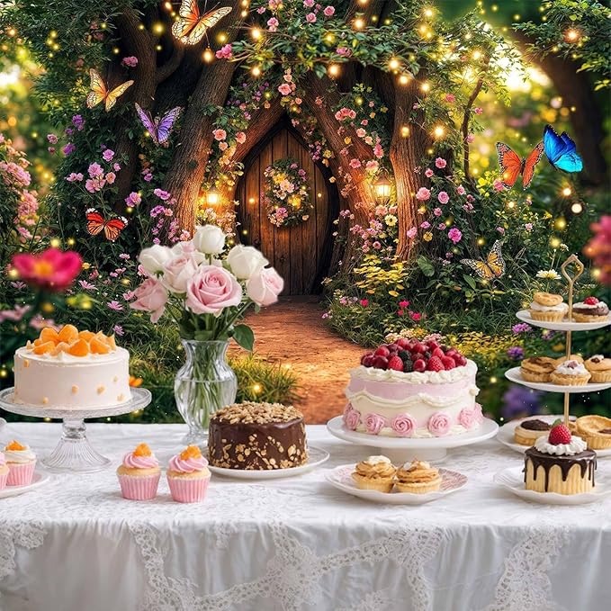 15X10ft Enchanted Forest Backdrop Fairy Tale Garden Wonderland Floral Butterfly Photography Background for Kids Girl Baby Shower Birthday Party Decoration Banner Cake Table Photo Booth Props