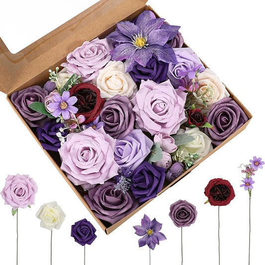 Jspupifip Purple Artificial Silk Flowers Combo Box Set, Fake Roses Daisy Flowers Arrangement Bouquets for DIY Wedding Flower Centerpiece Baby Shower Floral Home Decor