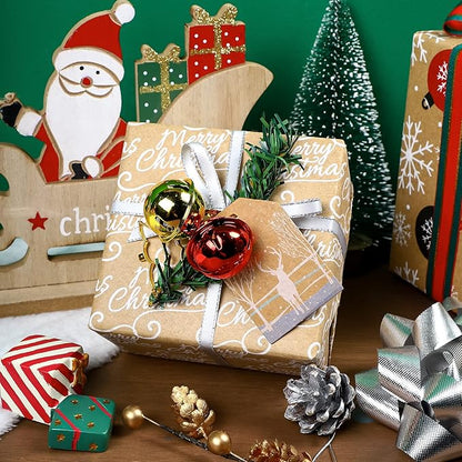 RUSPEPA Christmas Wrapping Paper, Kraft Paper - Santa Claus, Snowflake, Christmas Ball and Merry Christmas - 4 Rolls - 30 inches x 10 feet per Roll