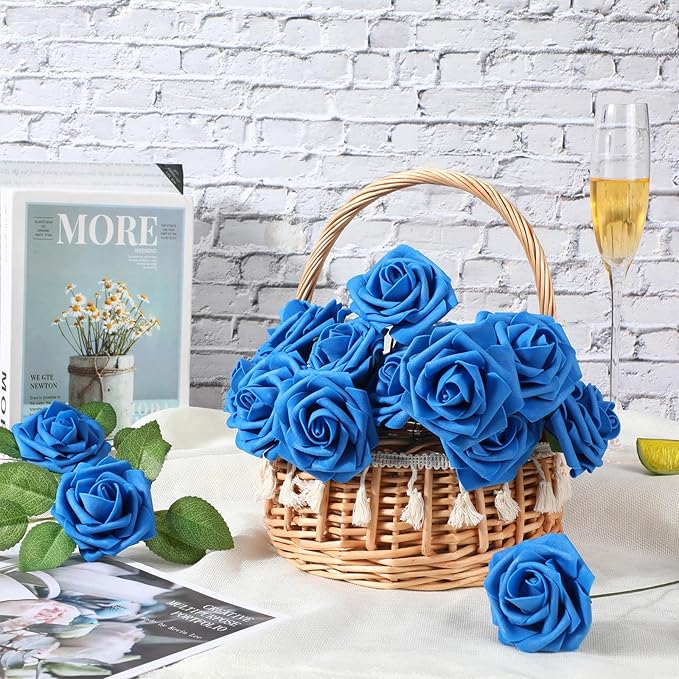100 Pieces Artificial Foam Rose Flowers Faux Bouquet with Leaves and Stems for DIY Wedding Bouquets Centerpieces Bridal Shower Party Valentine Home Decorations(Royal Blue)