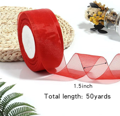 1.5 inch Sheer Organza Ribbon Red Chiffon Ribbon for Gift Wrapping Christmas Halloween Decoration Wedding Bouquet Crafts 50 Yards