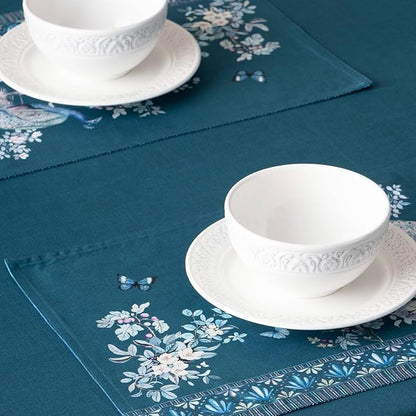 Maison d' Hermine Place Mats 100% Combed Cotton Premium (13 Inch x 19 Inch) Cloth Place Mat Washable Dinner Placemat, Dinner & Dining, Peacock Utopia - Deep Sea (Set of 4)