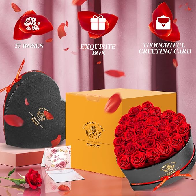 Preserved Rose in Heart Shape Box, 27 Forever Flowers, Eternal Roses, Birthday Gifts for Women, Wife, Her, Mother's Day -Red