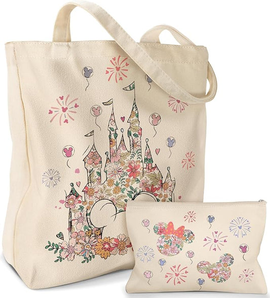 2 Pack Canvas Tote Bag - with Makeup Pouch Aesthetic Cute Women Reusable Canvas Bag for Shopping, Work, Travel