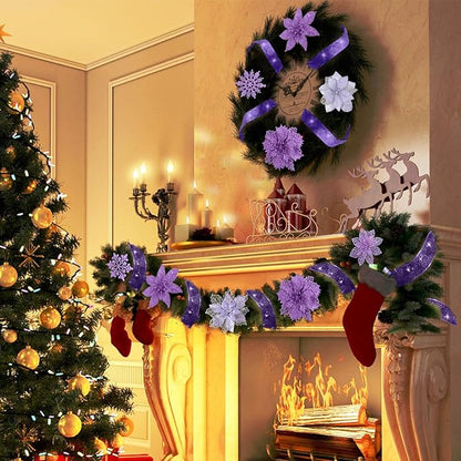 RECUTMS Christmas Glitter Tree Ornaments Christmas Snowflake Flower Poinsettias Xmas Purple Glitter Artificial Flowers with Ribbon for Wreath Xmas Tree Ornament Wedding Party Decor(Purple)