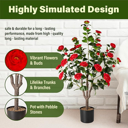 Artificial Camellia Tree,2Pack 3.6FT Faux Red Camellia Plants in Pots,Lifelike Artificial Flower Trees for Indoor Outdoor Home Decor,Realistic Blooming Faux Plants for Living Room Porch Patio Office
