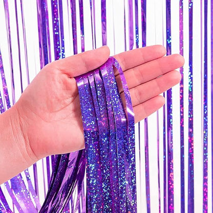 BRAVESHINE 1 Purple 1 Pink Streamers Party Backdrop - 3.2 ft x 8.2 ft Metallic Tinsel Foil Fringe Curtains for Hunters/Christmas/Girl/Women/Birthdays/Engagement/Bridal Shower/Bachelorette Decorations