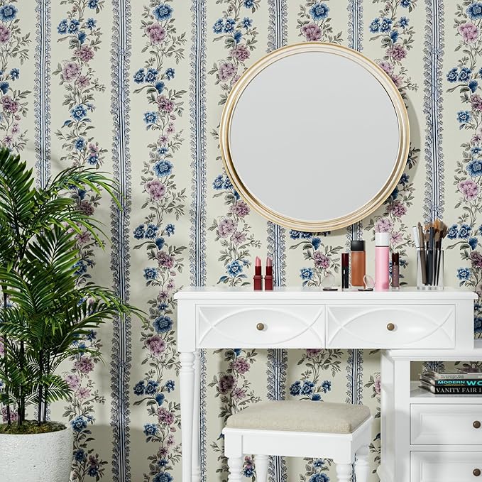 Vintage Floral Wallpaper Peel and Stick Boho Wallpapers 17.5in x 9.8ft Blue/Beige Floral Wall Mural Vinyl Removable Self Adhesive Nursery Modern Wallpaper for Bookshelf Cabinets Bathroom Walls