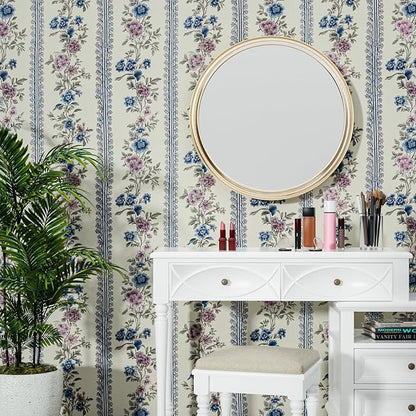 Vintage Floral Wallpaper Peel and Stick Boho Wallpapers 17.5in x 9.8ft Blue/Beige Floral Wall Mural Vinyl Removable Self Adhesive Nursery Modern Wallpaper for Bookshelf Cabinets Bathroom Walls