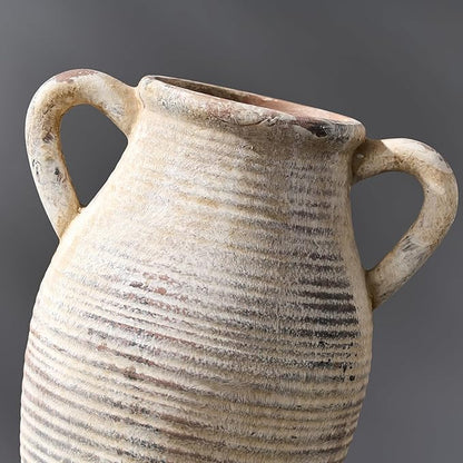 Large Ceramic Rustic Vase with 2 Handles, 9.8 inch Whitewashed Terra Cotta Decorative Pottery Flower Vase for Home Decor, Living Room, Shelf Decor, Enterway, Table Decoration, Gray