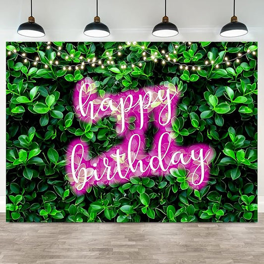 7x5ft Green Leaves Happy Birthday Decoration for Women Shiny Pink Neon Sign Party Backdrop Banner for Girl Princess 20th 30th 40th 50th Birthday Background Photo Booth Props