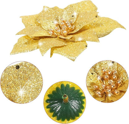 Boao 24 Pieces Glitter Poinsettia Artificial Christmas Flowers Poinsettia Decorations Wedding Christmas Tree Ornaments, 3/4/6 Inches (Gold)
