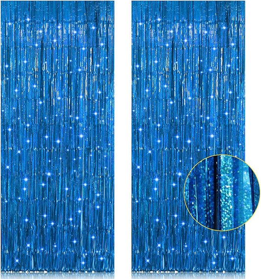 2 Pack 3.2ft x 8.2ft Blue Foil Fringe Curtains Photo Backdrop Party Decorations, Metallic Tinsel Foil Fringe Streamer Curtain for Party Door Wall Curtain Bachelorette Christmas New Year Decorations