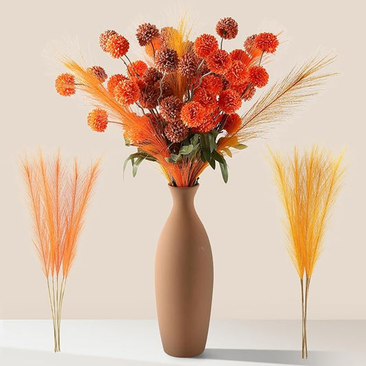 Faux Fall Flowers Artificial Mums 10 Stems +10 Branches Pampas Grass,Long Stems Silk Flowers Autumn Home Decor,Fake Floral Pompon For Table Vase Filler,Halloween Centerpieces,Wedding Arrangements