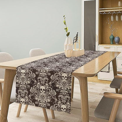 Gothic Table Runner,Damask Skull Victorian Black Floral Boho Table Runner for Home Kitchen Table Dining Garden Farmhouse Wedding Party Decor 13x70 Inch