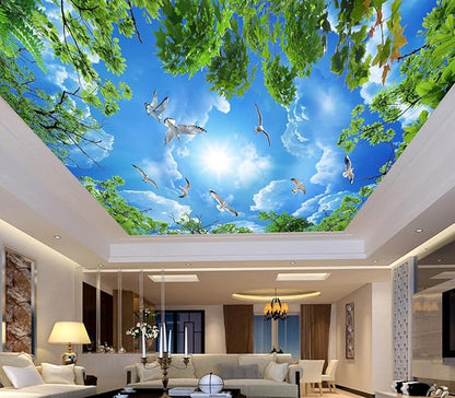 Eierme-Illustration of a Clear Blue Sky Image with Clouds and Flying Birds seen Through The Canopy of a Tree