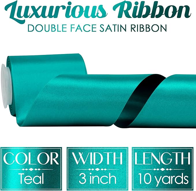 MEEDEE Teal Satin 3 Inch Ribbon Lux Double Faced Satin Ribbon Christmas by 10 Yards Green Ribbons Teal Ribbons for Christmas Tree Decoration, Weddings, Flower Bouquet, Bow Making
