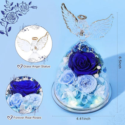 FIACO Gifts for Women Preserved Rose Forever Flower Rose in Glass Angel Figurine Preserved Fresh Flowers for Delivery Prime Mothers Day Birthday Gifts for Mom Grandma Wife Sister Blue