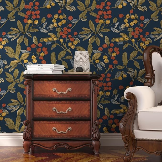 Vintage Wallpaper Peel and Stick, Navy Blue Floral Contact Paper 17.5" x 393.7", Dark Leaf Botanical Wall Paper Self Adhesive Waterproof Removable for Room Shelves Cabinet Drawer Table Decor
