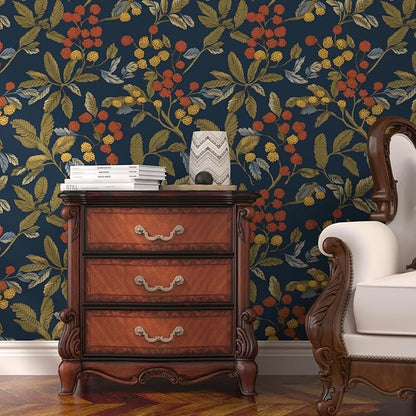 Vintage Wallpaper Peel and Stick, Navy Blue Floral Contact Paper 17.5" x 393.7", Dark Leaf Botanical Wall Paper Self Adhesive Waterproof Removable for Room Shelves Cabinet Drawer Table Decor