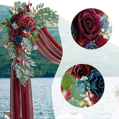 ponatia Artificial Wedding Arch Flowers Kit(Pack of 3), Burgundy Flowers with 26Ft Shiny Arch Draping Fabric, Navy Arch Flowers for Wedding Decoration, Wedding Ceremony Reception Backdrop Decorations