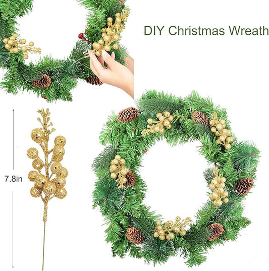 14 Pack Christmas Glitter Berries Stems, 7.8Inch Artificial Christmas Picks for Christmas Tree Ornaments, DIY Xmas Wreath, Crafts, Holiday and Home Decor, Gold