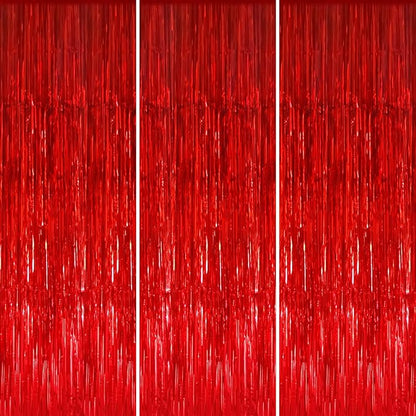 GOER 3.2 ft x 8.2 ft Metallic Tinsel Foil Fringe Curtains Party Photo Backdrop Party Streamers for Birthday,Graduation,New Year Eve Decorations Wedding Decor (3 Pcs, Red)