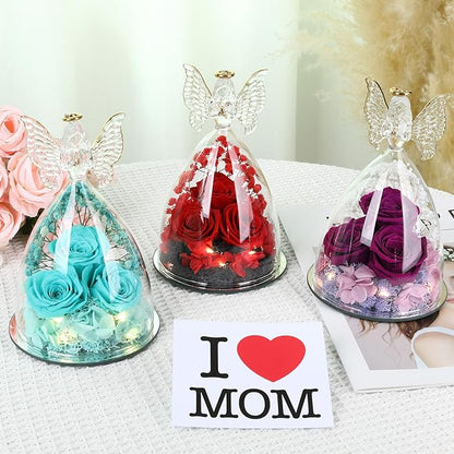 Mothers Day Rose Gifts for Women, Large Angel Figurines with Real Roses, Preserved Real Flower Rose for Her,Full Purple