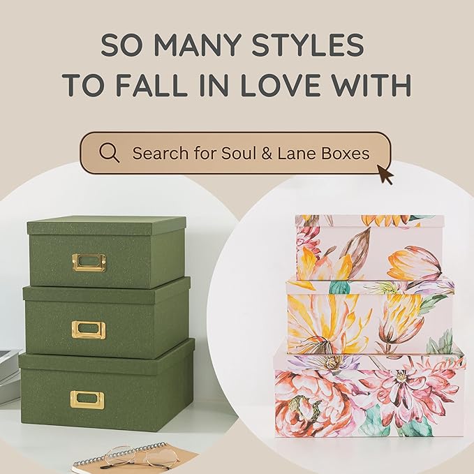 Soul & Lane Decorative Cardboard Storage Boxes For Home Décor - Modern Meadow - Set of 3: Floral Paperboard Nesting Storage With Lids, Memory Boxes For Keepsakes And Photos, Gift Set For Presents