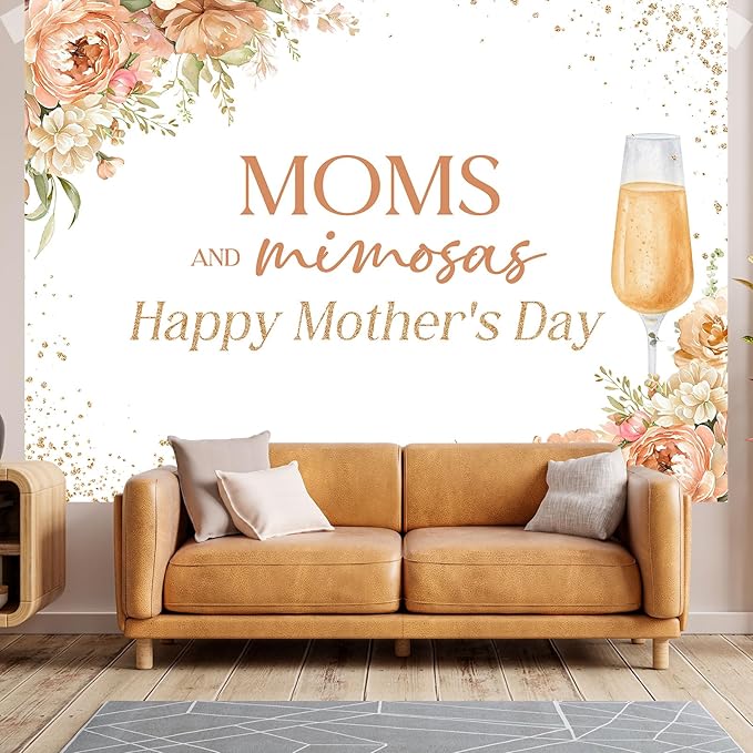 Happy Mother's Day Backdrop Moms and Mimosas Champagne Glass Blush Pink Floral Photography Background Mother's Day Brunch Party Decoration Supplies Banner Photo Booth Studio Props 7x5ft